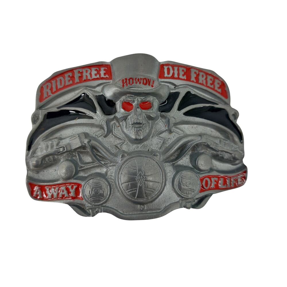 Belt Buckle Ride Free Die Free A Way of Life Howdy Biker Skull Enamel Red Black